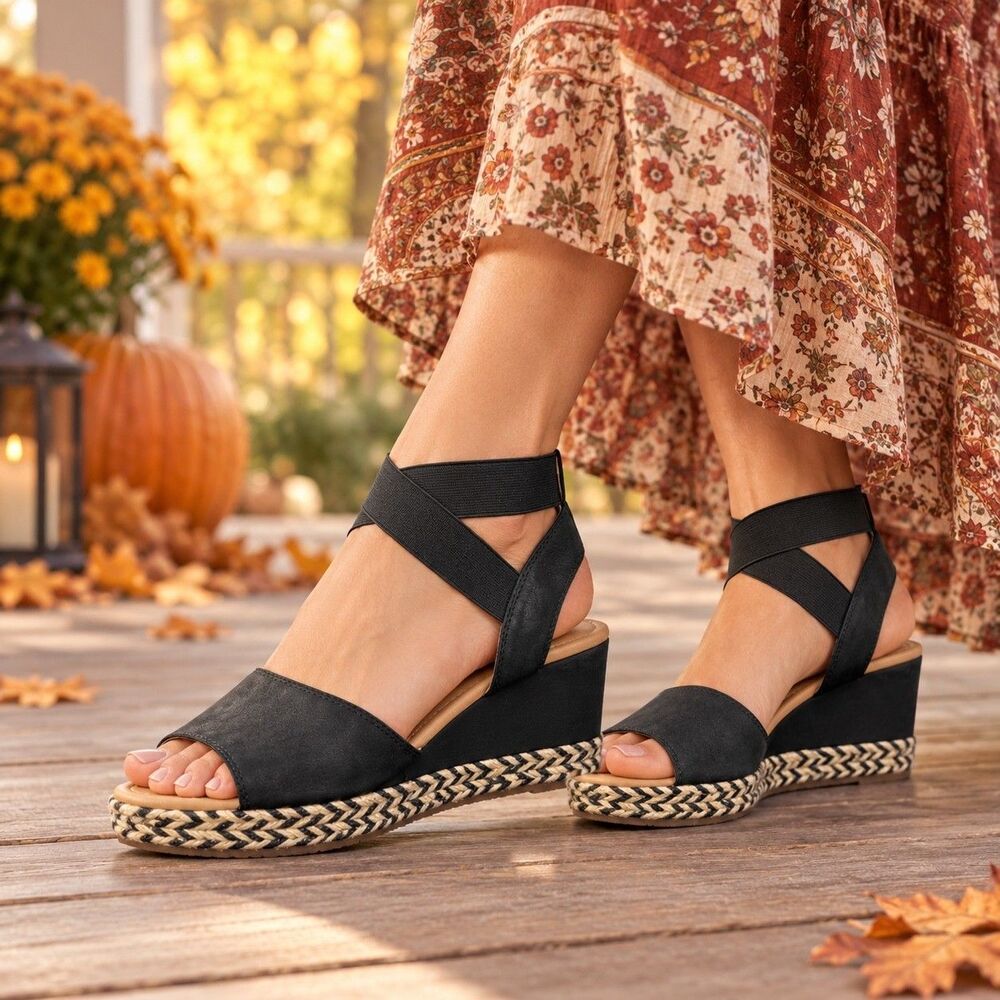 Lucky Brand Bettanie black suede espadrille wedge sandals size 7.5 M